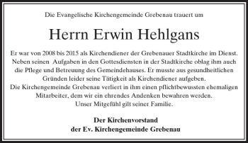 Traueranzeige von Erwin Hehlgans von VRM Trauer