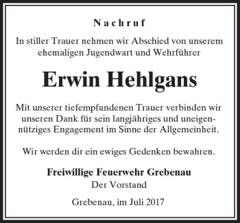 Traueranzeige von Erwin Hehlgans von VRM Trauer
