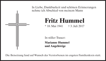 Traueranzeige von Fritz Hummel von Trauerportal Rhein Main Presse