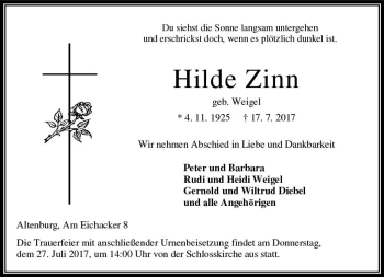 Traueranzeige von Hilde Zinn von VRM Trauer