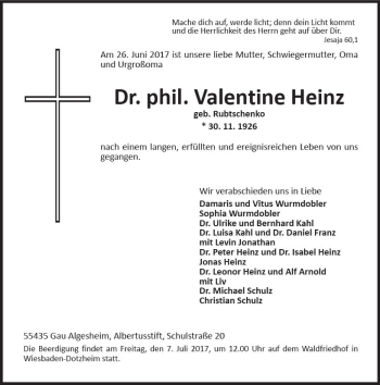 Traueranzeige von Valentine Heinz von Trauerportal Rhein Main Presse