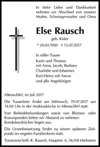 Traueranzeige von Else Rausch von VRM Trauer