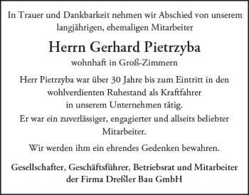 Traueranzeige von Gerhard Pietrzyba von Trauerportal Echo Online