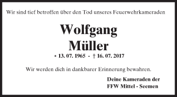 Traueranzeige von Wolfgang Müller von  Kreisanzeiger