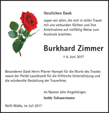 Traueranzeige von Burkhard Zimmer von  Kreisanzeiger