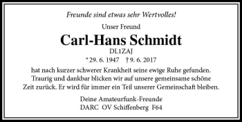 Traueranzeige von Carl-Hans Schmidt von  Gießener Anzeiger