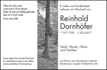 Traueranzeige von Reinhold Dornhöfer von Trauerportal Rhein Main Presse