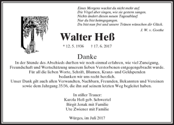 Traueranzeige von Walter Heß von  Camberger Anzeiger