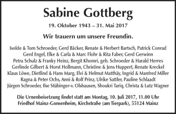 Traueranzeige von Sabine Gottberg von Trauerportal Rhein Main Presse