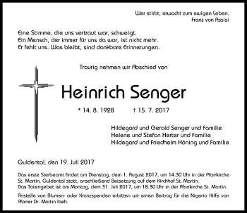 Traueranzeige von Heinrich Senger von Trauerportal Rhein Main Presse