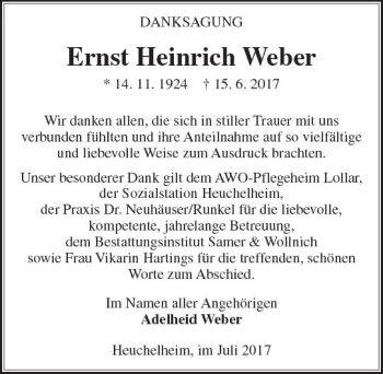 Traueranzeige von Ernst Heinrich Weber von  Gießener Anzeiger