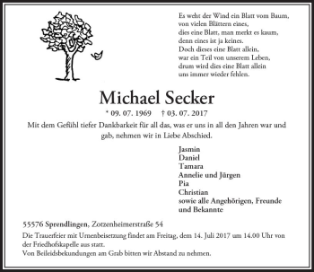 Traueranzeige von Michael Secker von Trauerportal Rhein Main Presse