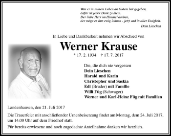 Traueranzeige von Werner Krause von VRM Trauer