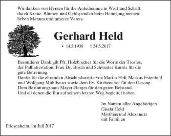 Traueranzeige von Gerhard Held von Trauerportal Rhein Main Presse