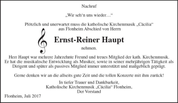 Traueranzeige von Ernst-Reiner Haupt von Trauerportal Echo Online
