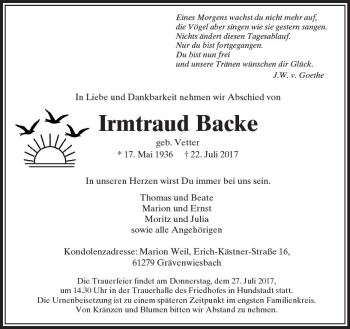 Traueranzeige von Irmtraud Backe von  Usinger Anzeiger