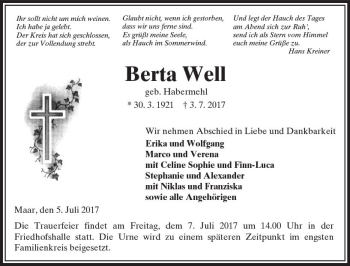Traueranzeige von Berta Well von VRM Trauer