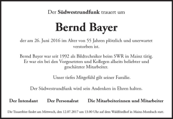 Traueranzeige von Bernd Bayer von Trauerportal Rhein Main Presse