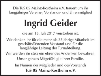 Traueranzeige von Ingrid Geider von Trauerportal Rhein Main Presse