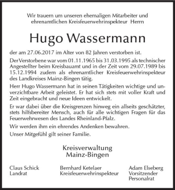 Traueranzeige von Hugo Wassermann von Trauerportal Rhein Main Presse