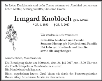 Traueranzeige von Irmgard Knobloch von Trauerportal Rhein Main Presse