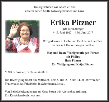 Traueranzeige von Erika Pitzner von  Usinger Anzeiger