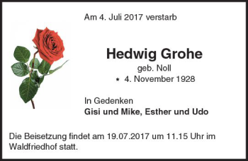 Traueranzeige von Hedwig Grohe von Trauerportal Echo Online