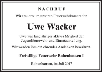 Traueranzeige von Uwe Wacker von  Kreisanzeiger