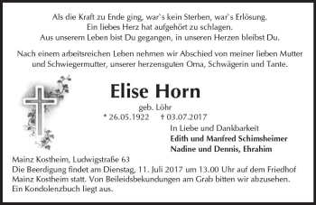 Traueranzeige von Elise Horn von Trauerportal Rhein Main Presse