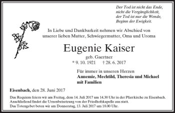 Traueranzeige von Eugenie Kaiser von  Camberger Anzeiger
