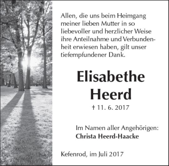 Traueranzeige von Elisabethe Heerd von  Kreisanzeiger
