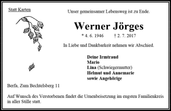 Traueranzeige von Werner Jörges von VRM Trauer