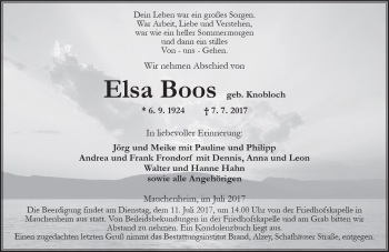 Traueranzeige von Elsa Boos von Trauerportal Rhein Main Presse