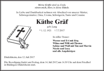 Traueranzeige von Käthe Gräf von  Kreisanzeiger