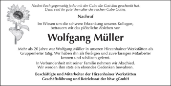Traueranzeige von Wolfgang Müller von  Kreisanzeiger