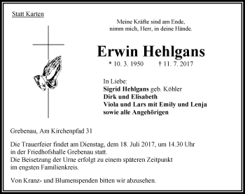 Traueranzeige von Erwin Hehlgans von VRM Trauer