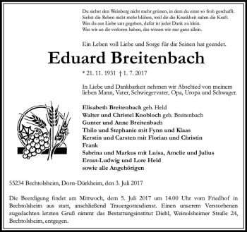 Traueranzeige von Eduard Breitenbach von Trauerportal Rhein Main Presse