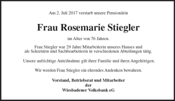 Traueranzeige von Rosemarie Stiegler von Trauerportal Rhein Main Presse