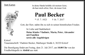 Traueranzeige von Paul Becker von VRM Trauer