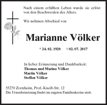 Traueranzeige von Marianne Völker von Trauerportal Rhein Main Presse
