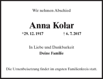 Traueranzeige von Anna Kolar von Trauerportal Rhein Main Presse
