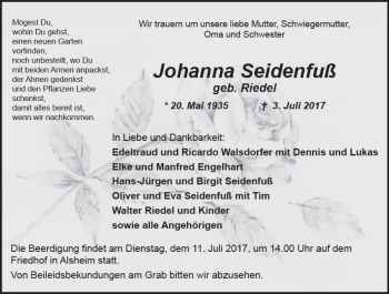 Traueranzeige von Johanna Seidenfuß von Trauerportal Rhein Main Presse