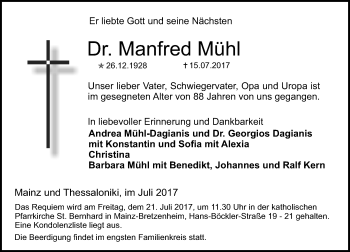 Traueranzeige von Manfred Mühl von Trauerportal Rhein Main Presse