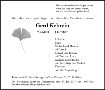 Traueranzeige von Gerd Kehrein von Trauerportal Rhein Main Presse