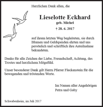 Traueranzeige von Lieselotte Eckhard von Trauerportal Rhein Main Presse