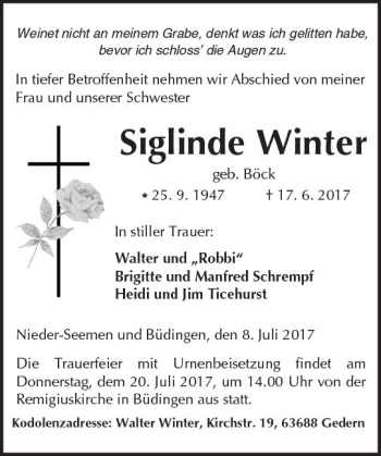Traueranzeige von Siglinde Winter von  Kreisanzeiger