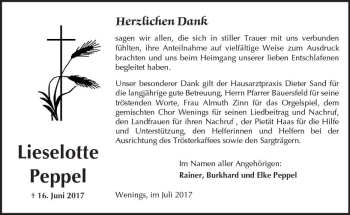 Traueranzeige von Lieselotte Peppel von  Kreisanzeiger