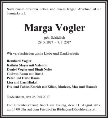 Traueranzeige von Marga Vogler von  Kreisanzeiger
