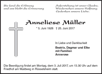 Traueranzeige von Anneliese Müller von Trauerportal Rhein Main Presse