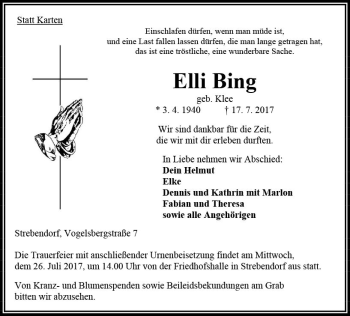 Traueranzeige von Elli Bing von VRM Trauer